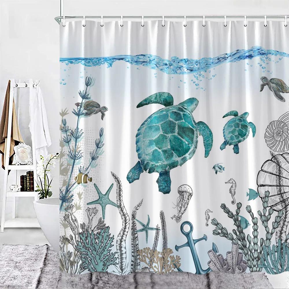 Sea Turtle Theme Shower Curtain Set Wooden Board Coral Water Plants Bubble Sea Life Bathroom Curtain Fabric Decor Washable Hooks