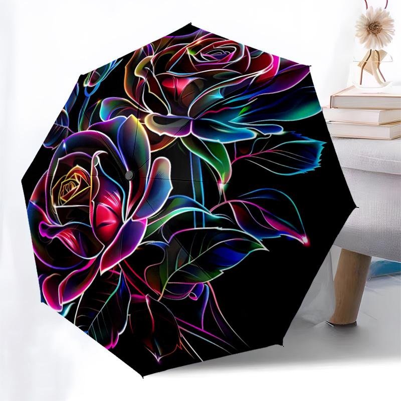 Neon Rainbow Rose Bouquet: Automatic Opening Folding Umbrella with 8-Bone Iron Frame, Perfect for Fans, Travelers, Daily Use, and Festive Gi