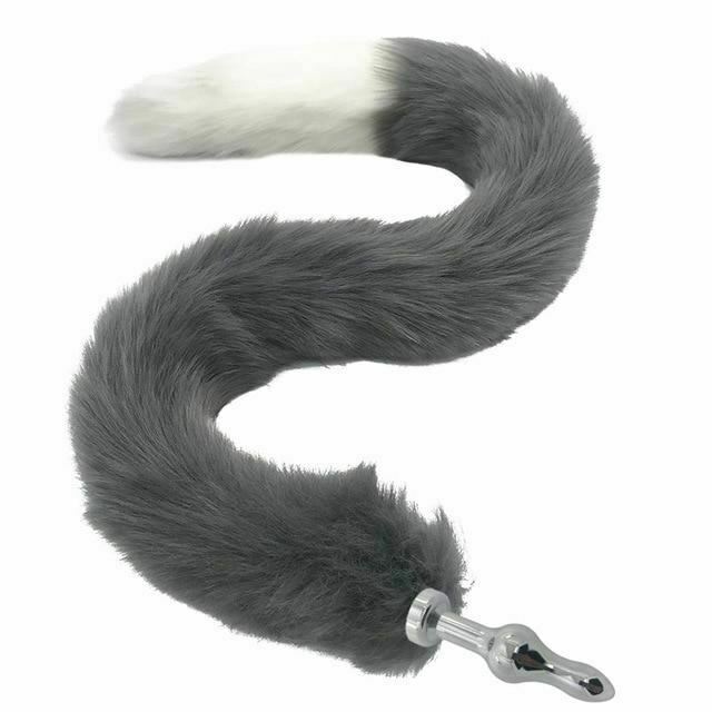 80Cm Long Grey White Fox Tail Cosplay Anal Butt Plug  Pet Play Butt Plug Tails