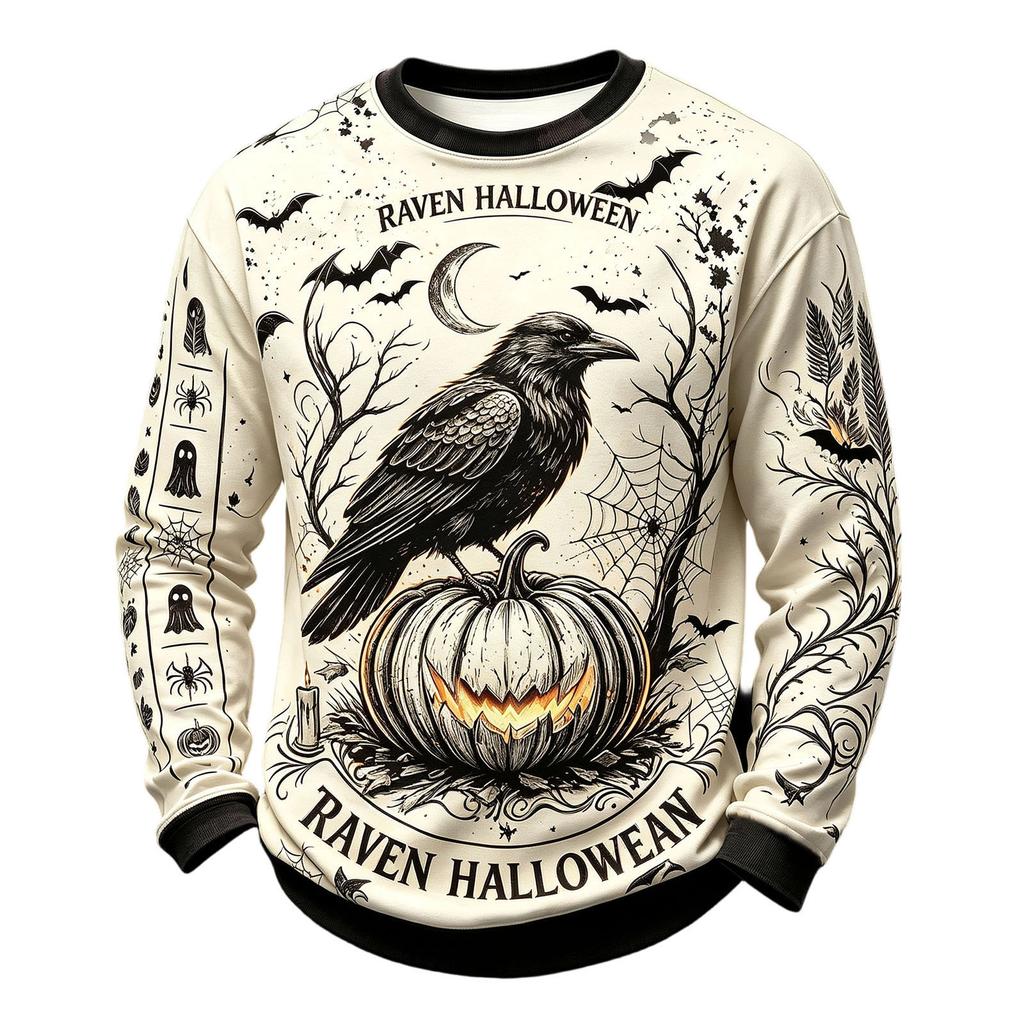 Men's Casual Long Sleeve Crewneck Knit Shirt with Halloween Print