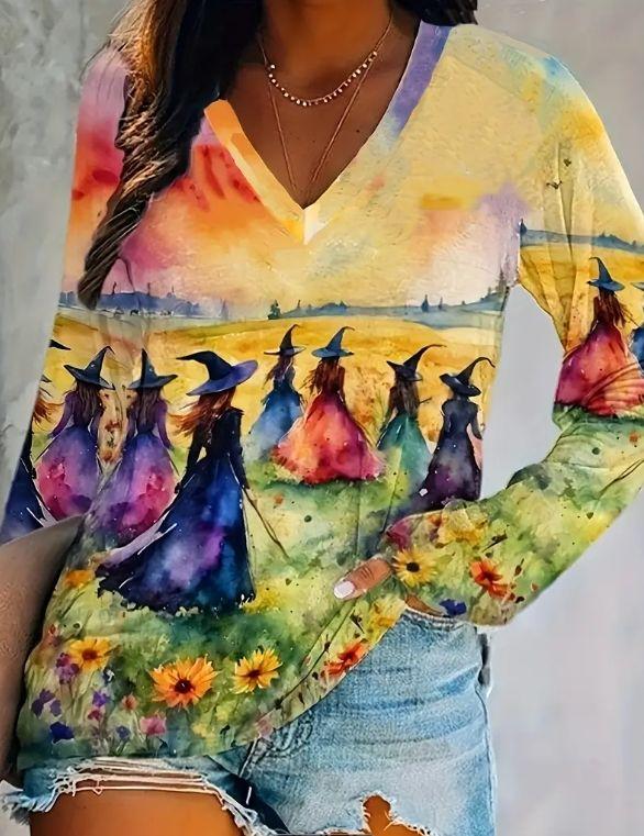 Women's Spring and Autumn Cotton Fashion Casual Loose 3D Pattern Printed Round Neck Long Sleeve T-shirt Top