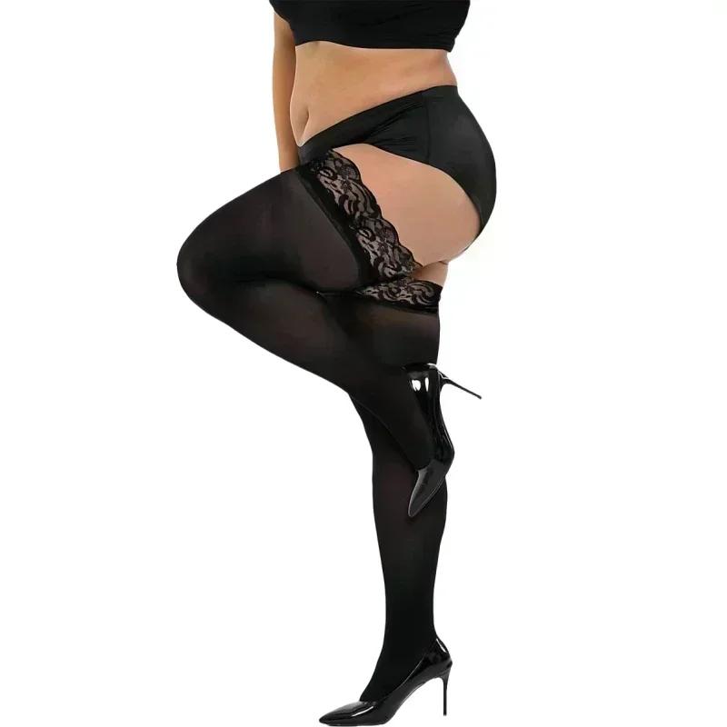 Plus Size Black White Lace Stockings Sexy Transparent Over Knee Thigh High Fishnet Christmas Long Socks With Anti-Slip For Women