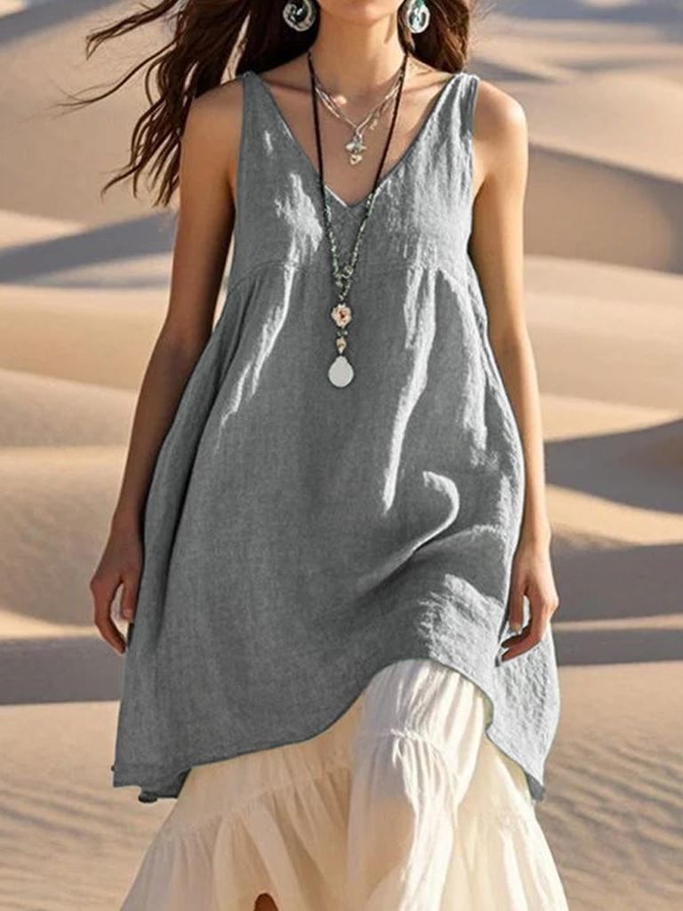 Nuovo Vestito da Spiaggia Estivo da Donna Casual Largo alla Moda Senza Maniche Cotone Lino Monocolore Scollo a V