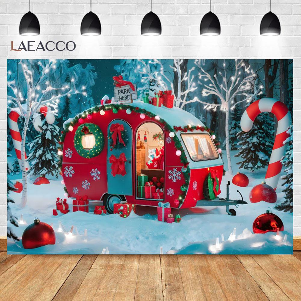 Laeacco Christmas Camper Pography Backdrop Winter Snowy Pine Trees Mini Bus Baby Birthday Family Holiday Portrait Background