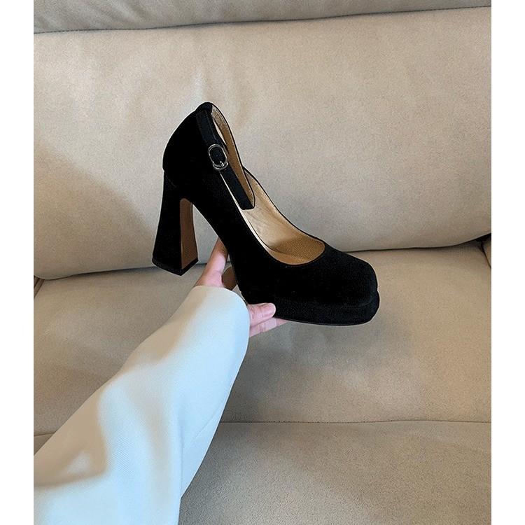 Women Sexy Black Ankle Strap High Heels Autumn Woman Flock Round Toe Pumps Female Suede Buckle Fashion Shallow Pumps