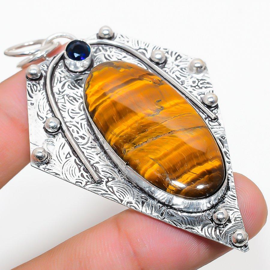 

Подвеска из стерлингового серебра 925 пробы с натуральным тигровым глазом и голубым топазом 2,92 дюйма L8I84