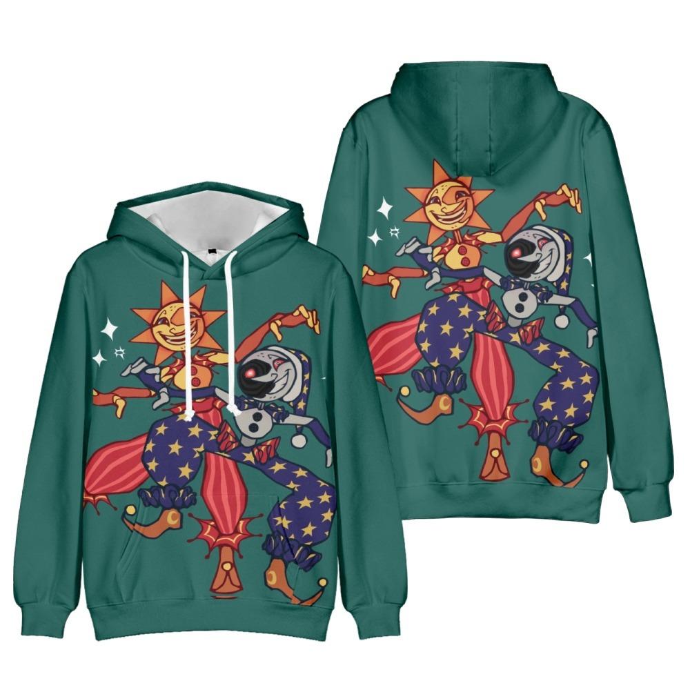 FNAF Security Breach Sun and Moon Hoodie, Sundrop Moondrop Anime 3D Print Pullover Hooded Sweatshirt for Game Fans