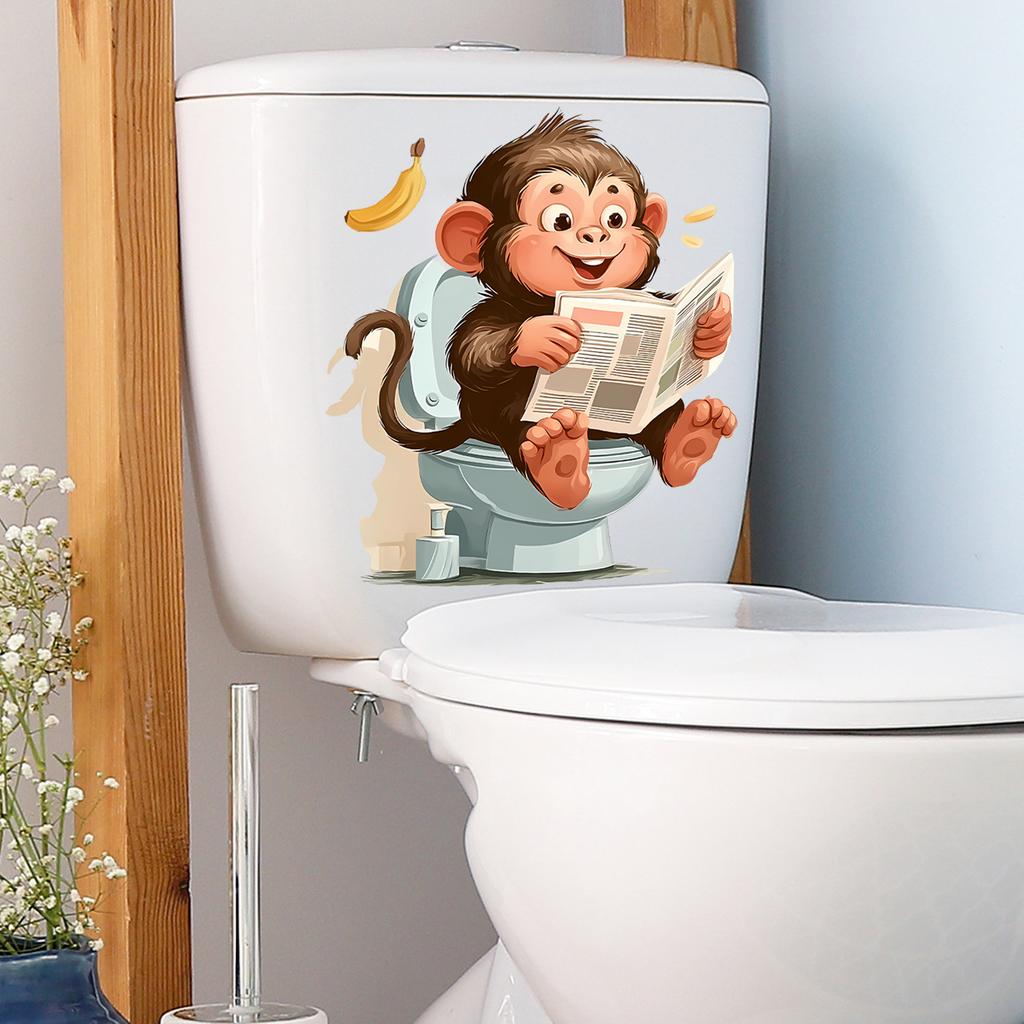 Creative Cartoon Monkey Reading Newspaper Toilet Lid Sticker Self-Adhesive Removable for Bathroom Home Decor