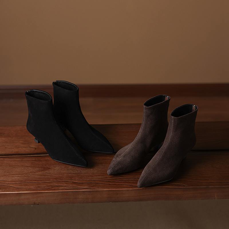 Krazing Pot Cow Suede Nubuck Winter Pointed Toe Preppy Style Stiletto Thin Med Heels Women Zip Women Ankle Boots