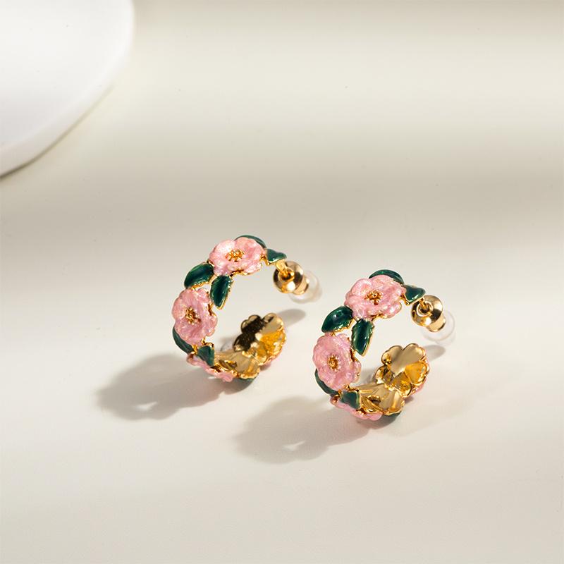 Vintage French Camellia Enamel Earrings: Colorful & High-End Fashion