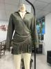 Popular 2026 Western Denim Style Suede Fringed Slim Long Sleeve Dress