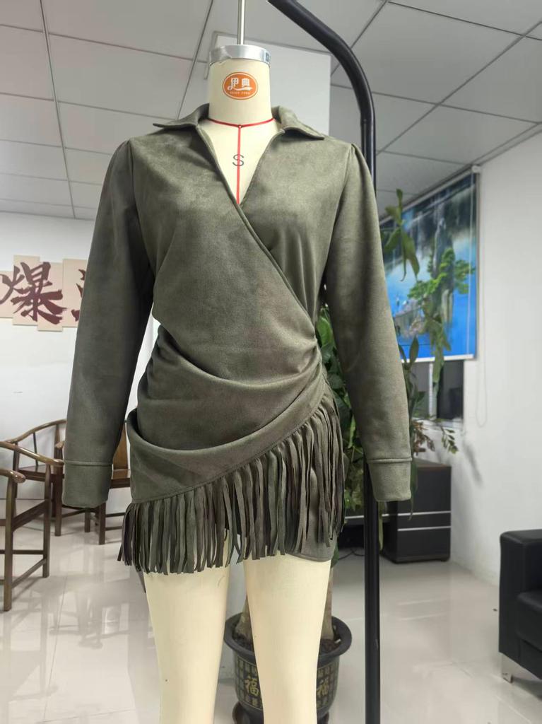 Popular 2026 Western Denim Style Suede Fringed Slim Long Sleeve Dress