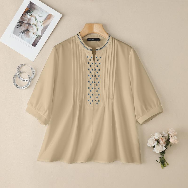 ZANZEA Women Casual Round Neck Loose Half Sleeve Geometric Embroidery Blouse