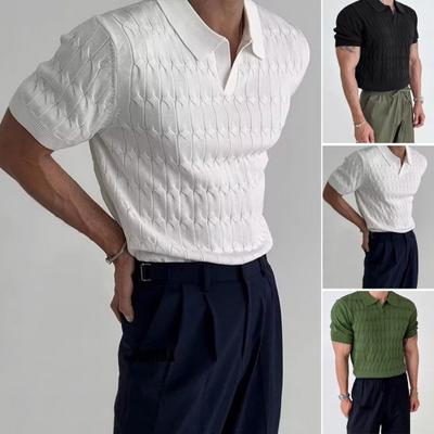Men Summer Top Turn-down Collar V Neck Jacquard Knitted Solid Color Short Sleeves Loose Stretchy Formal Business Style Mid Length Men Daily Shirt