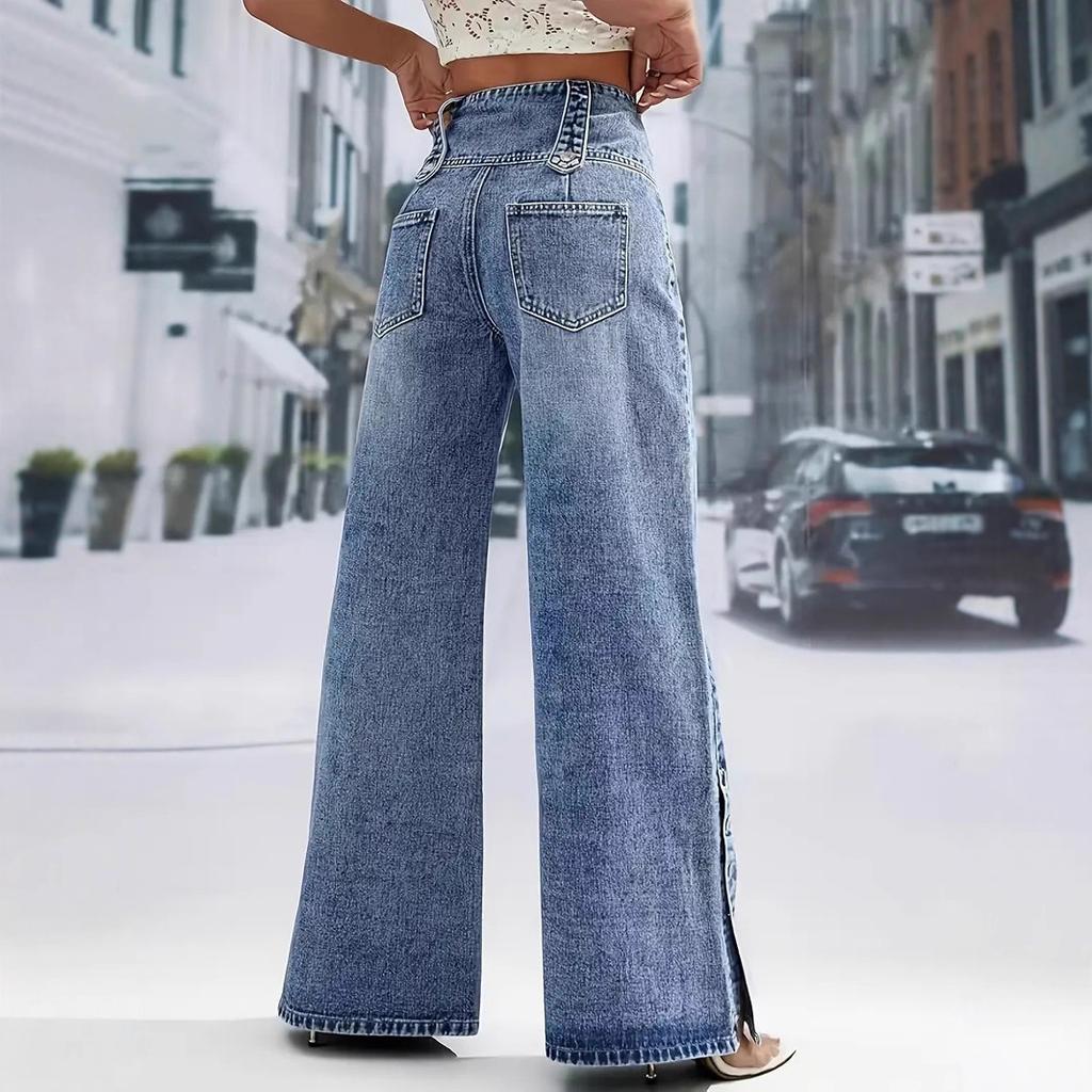 Autumn New Style Slit Denim Trousers, High-waisted Retro Button Denim Wide-leg Pants for Women