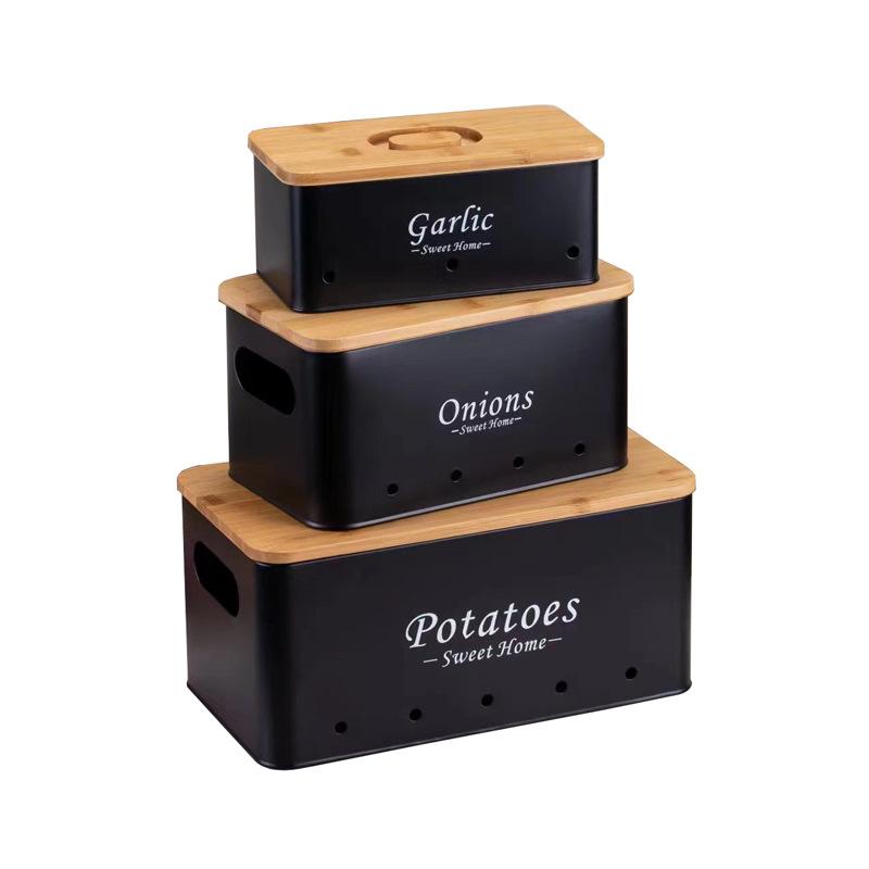Potato Storage Jar, Onion, Garlic Head, Breathable Kitchen Square Bamboo Cover, Potato Dark Metal Storage Box
