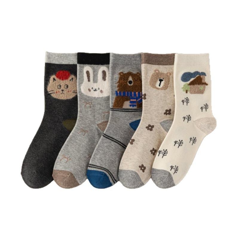 Autumn and Winter Comic Animals, Cute Cartoon, Retro Plush Illustrations, Color-blocking Mid-calf Women's Socks, School-style Pile Socks