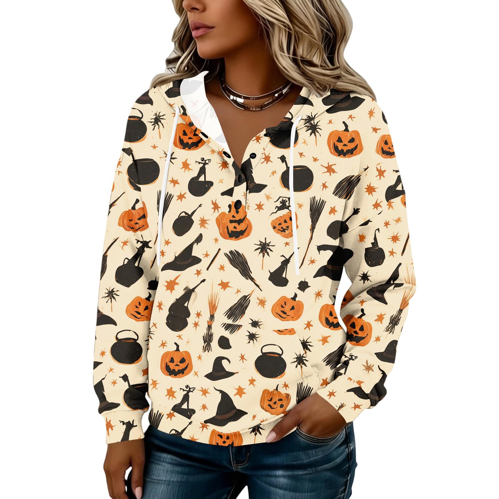 Women s Fashion Hooded Button Front Halloween Print Sweatshirt XL