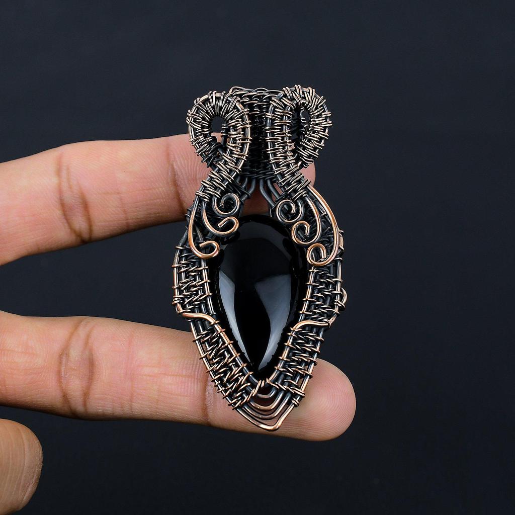 Black Onyx Gemstone Pure Copper Wire Wrapped Handmade Pendant Jewelry For Christmas Gift