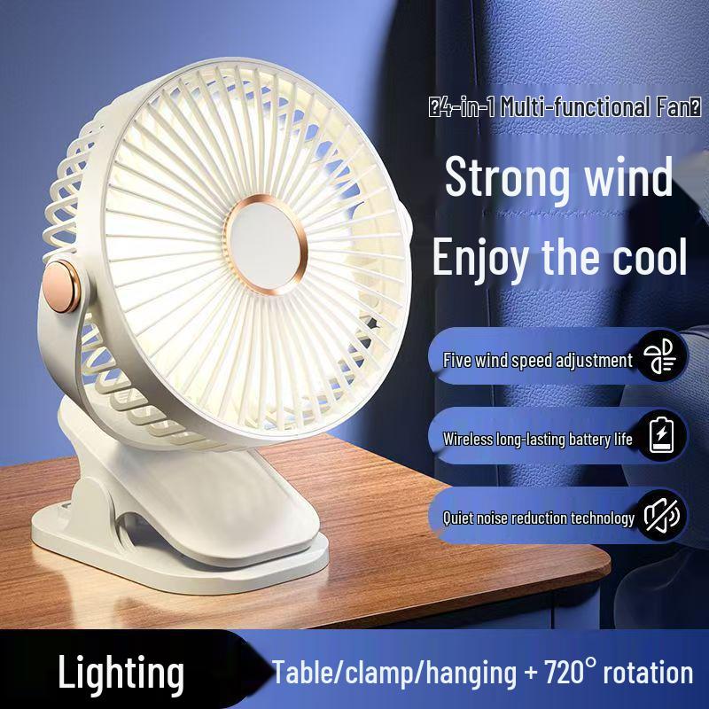 Rechargeable & Plug-in Desktop Clip Fan with Night Light - Silent High Wind Power for Office & Dormitory Use
