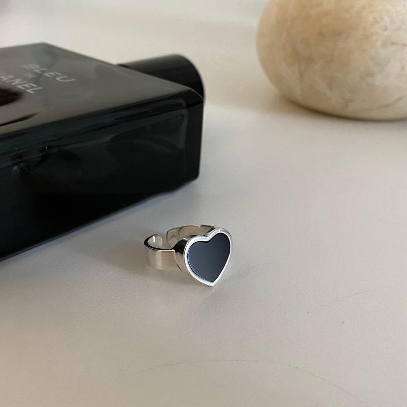 Xiaomi 925 Sterling Silver Geometric Irregular Black Heart Rings for Women Men Bohemian Retro Adjustable Open Antique Personality Ring