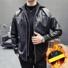 Herr Varm Vinter Huva Läderjacka Herr Slim Fit Motorcykel PU Jacka Herrkappa Varm Förtjockad Biker Läderjackor
