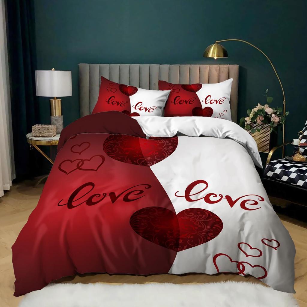 3 Pieces Bedding Set With Zipper Closure Red Heart Duvet Cover Queen Love Heart Pattern White Comforter Covers Set Cute Print