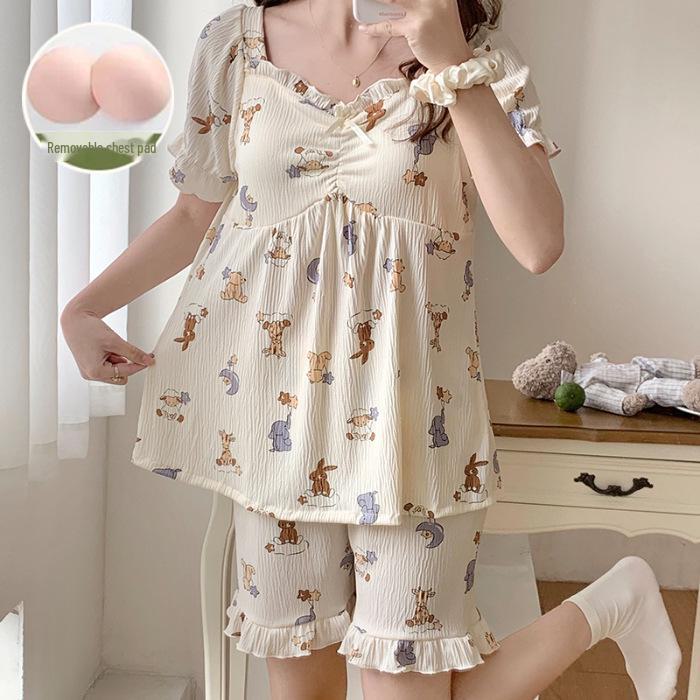 "Women's Summer Pajama Set with Chest Pads: Wrinkle-Resistant, Short Sleeves, Korean-Style, Sweet & Cute"