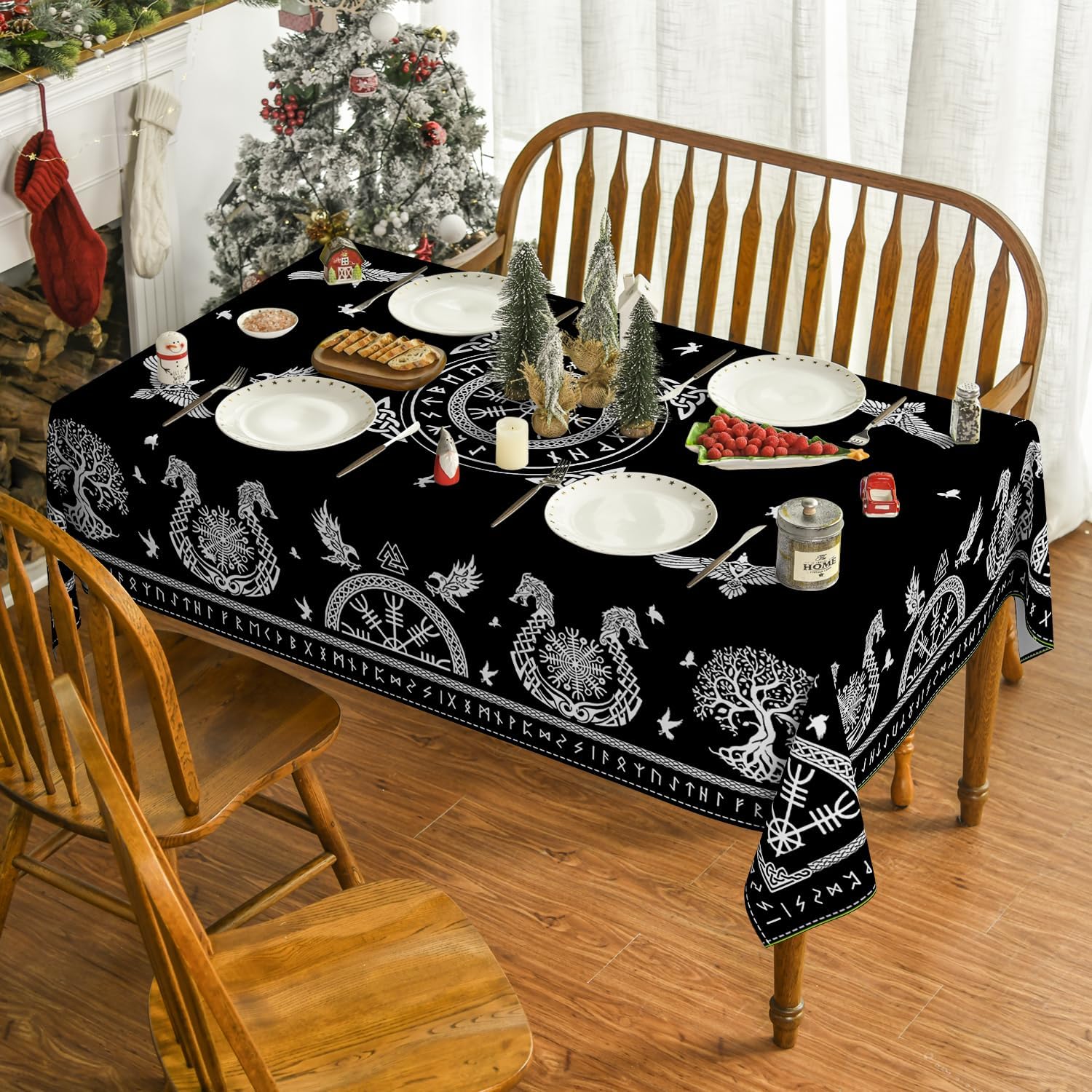 Vintage Viking Stijl Levensboom Tafelkleed Feestdecoratie Scandinavisch Bruin Houten Rechthoekig Tafelkleed Keukentafel Decor 140x140cm