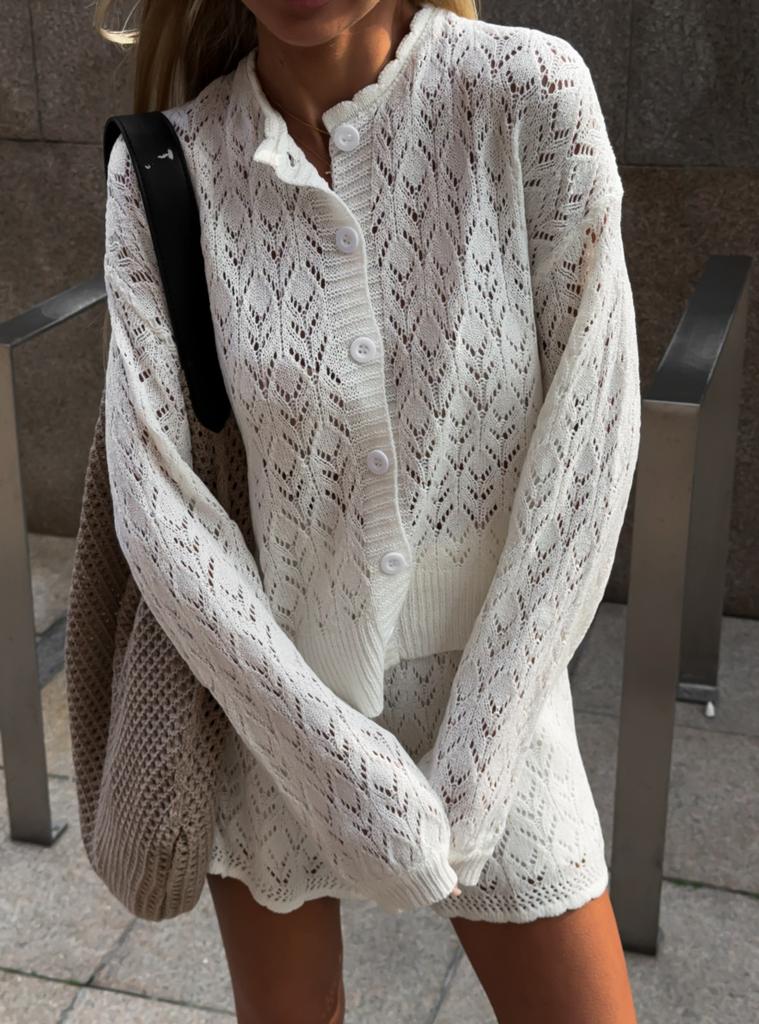Women's Openwork Knit Crochet Two-Piece Set Casual Loose Trendy Outfit for Early Fall