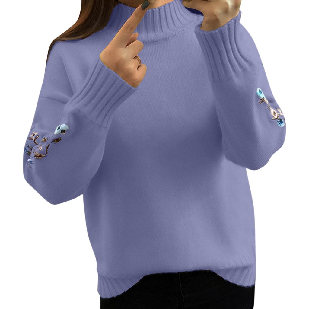 Women's Semi High Neck Long Sleeved Knitted Sweater Top, Loose Embroidered Sweater
