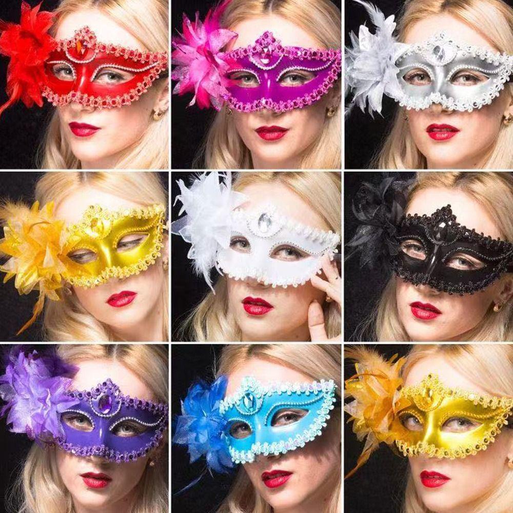 Lady Princess Diamond Decorated Venetian Mask Half Face Sexy Style Feather Mask Flower Design Masquerade Mask Dance Party