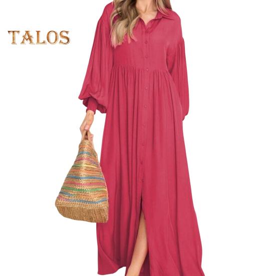 Fall Spring Women Dress Turn-down Collar A-line Big Swing Pleated Long Sleeves Solid Color Single-breasted Loose Patchwork Maxi Dress