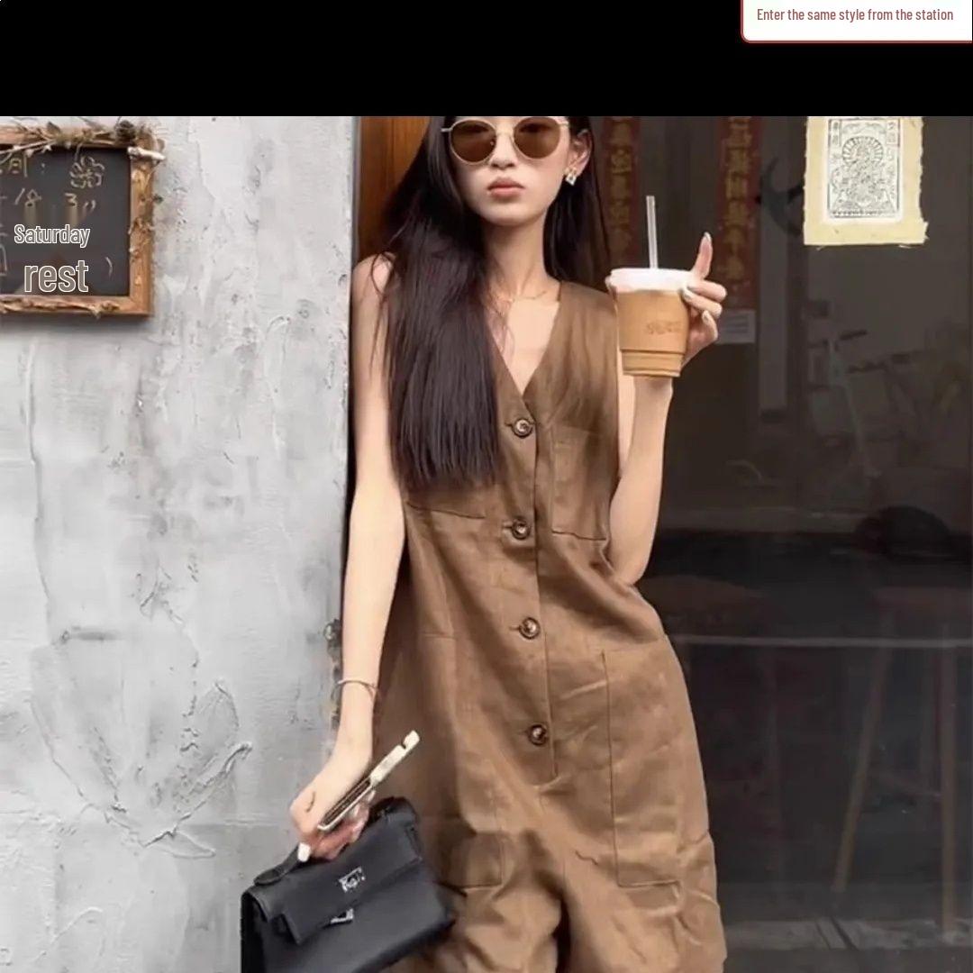 European Summer V-Neck Button Jumpsuit - 2026 Casual Loose Fit S for 80-95 kg коричневый