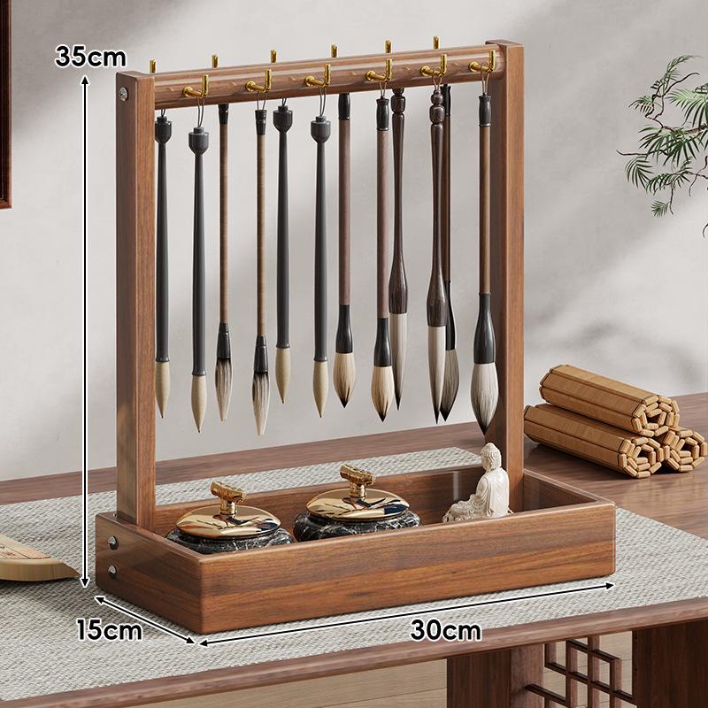 Solid Wood Calligraphy Brush Holder: Desktop Pen Rack with Scholar's Treasures Ornament and Metal Hook Design.