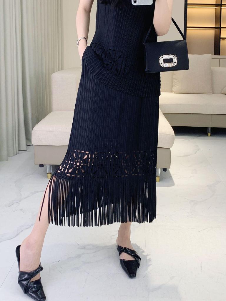 2025 Spring/Summer Women's Pleated Tassel Tank Top & Midi Skirt Two-Piece Set