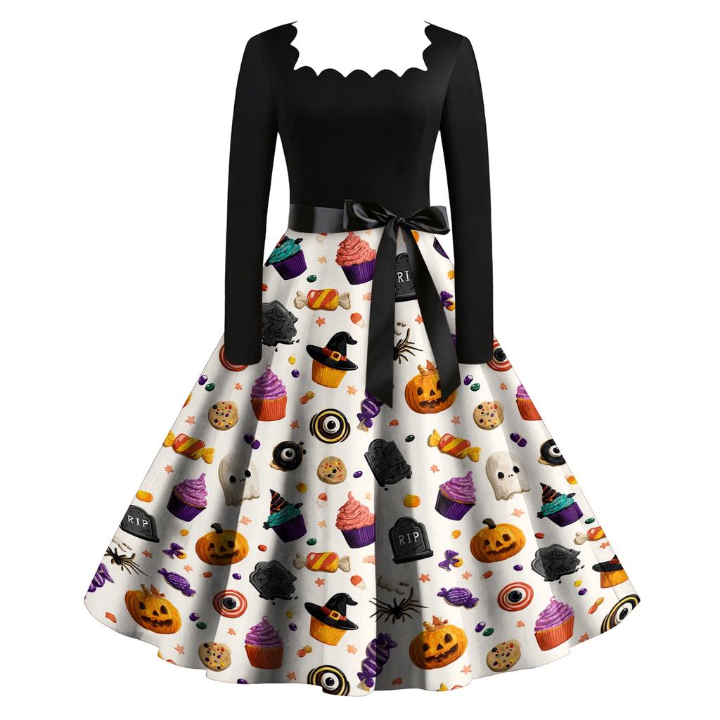 Women's Vintage Long Sleeve Square Neck Halloween Print Party Dress with Flared Skirt and Waist Tie for Evening Events
