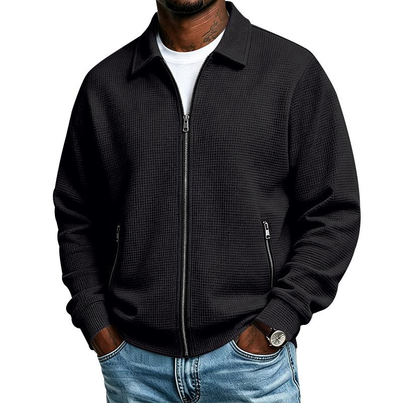 Men's Waffle Knit Full Zip Jacket Lapel Collar Long Sleeve Casual Lightweight Coat with Zipper Pockets for Spring and Fall Daily Wear