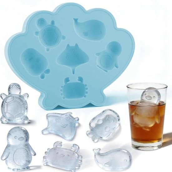 Ocean Animal Silicone Ice Cube Tray with Lid 6-Cavity Food-Grade Mold for Whale Turtle Penguin Shapes Easy-Release Fun Cocktail Whiskey Ice Maker for