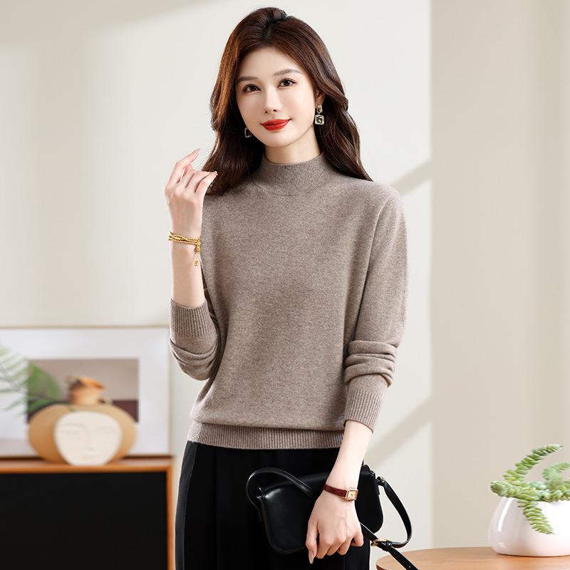 Women's Pure Wool Half-High Collar Sweater - Autumn/Winter Solid Color Loose Warm Pullover Base Layer