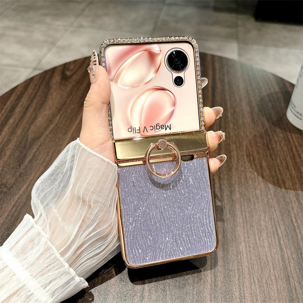 

For Honor Magic V Flip 5G Case with Ring Holder Ripple Texture Hard PC Phone Cover with Rear Screen Film Purple