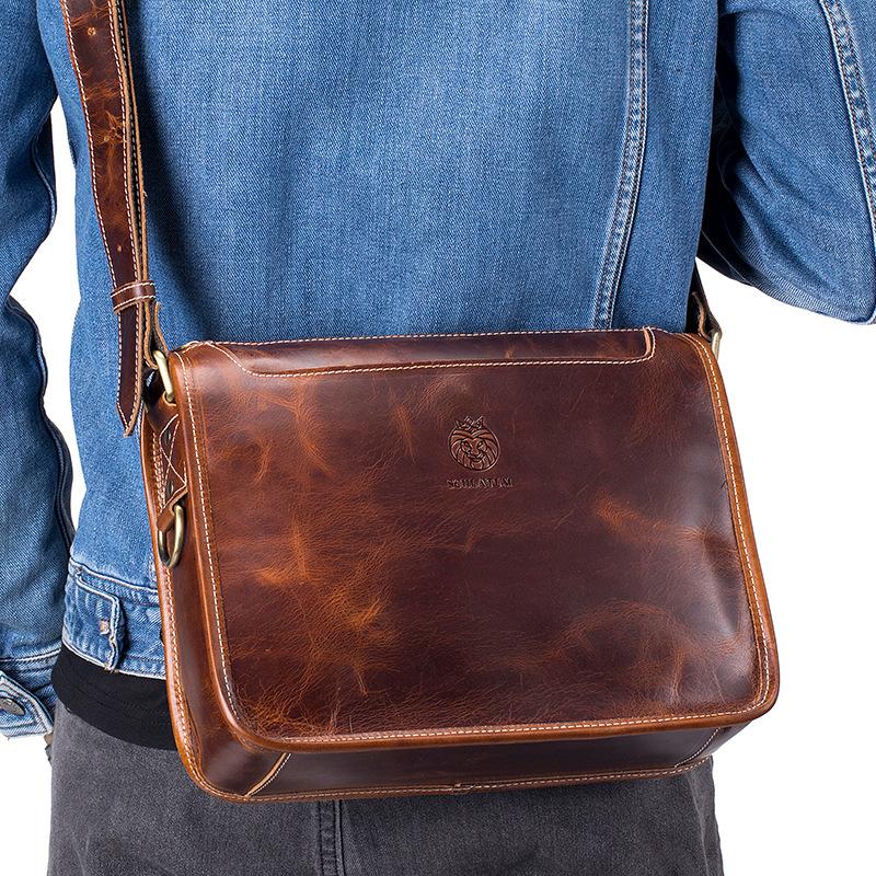 Men's Fashionable Single-shoulder Crossbody Bag, Men's Retro Oil-wax Genuine Leather Messenger Bag