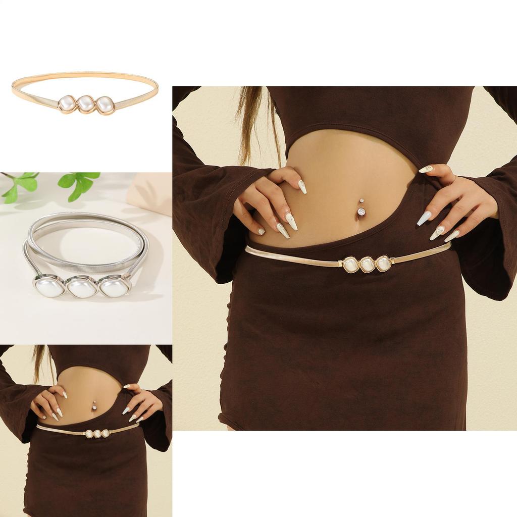 Metal Spring Waist Belt For Women Elegant Fashionable Chain Link With Faux Pearl Accents