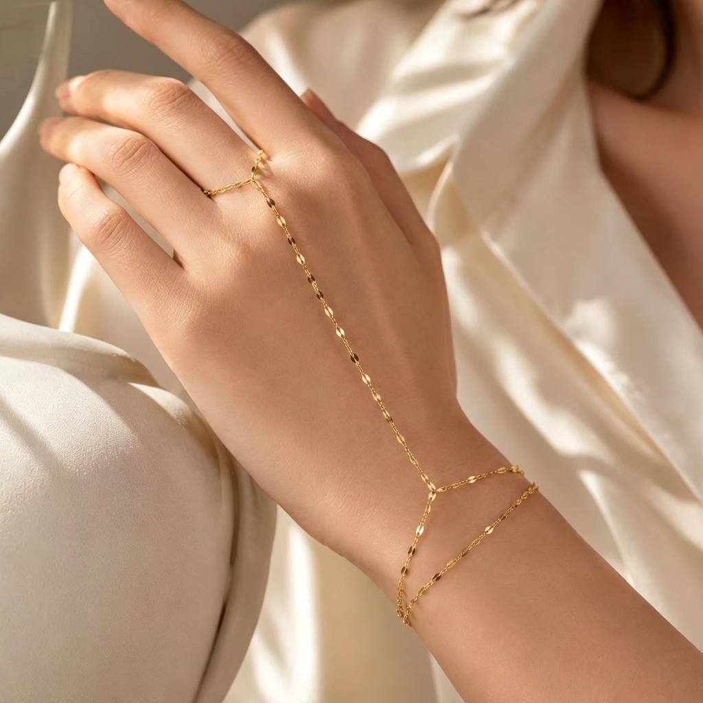 Luxury Minimalist Gold Plated Hand Chain Bracelets for Women, Thin Chain Finger Ring Bracelet, Elegant Stainless Steel Jewelry
