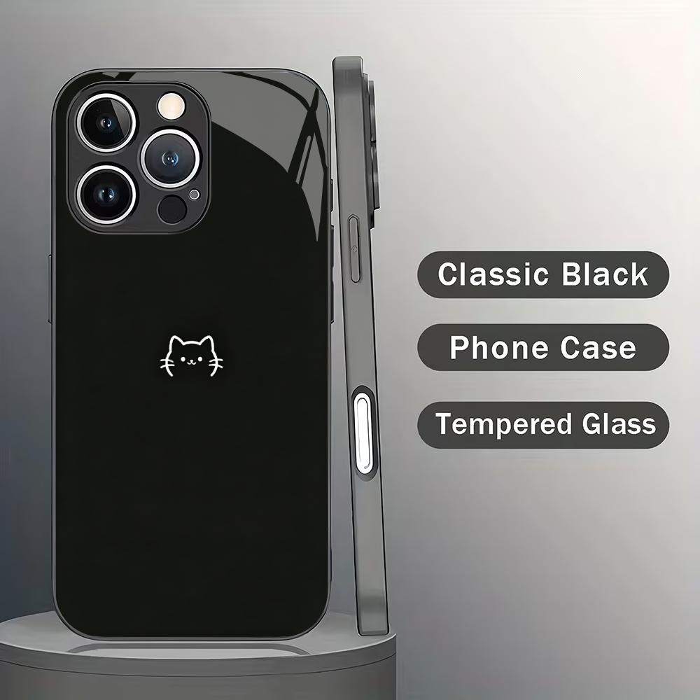 Simple cat black tempered glass phone case suitable for iPhone 17 16 15 14 13 12 11 Pro/Max/Plus anti drop and shockproof iPhone 13ProMax