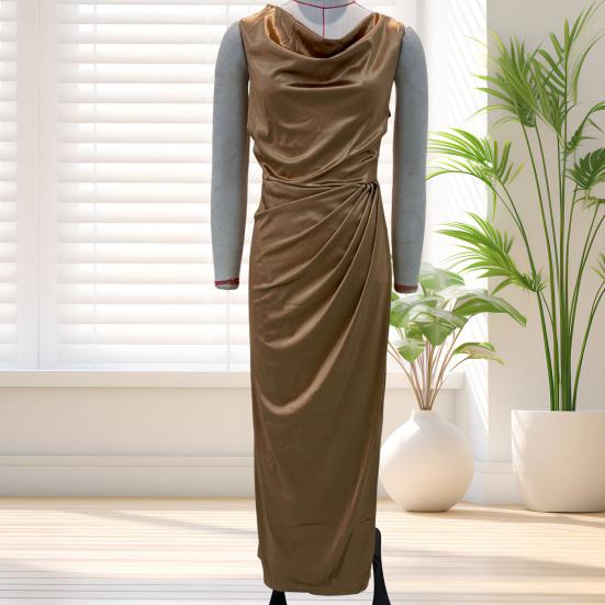 Women's Satin Ruched High Slit Bodycon Maxi Dress Sexy Sleeveless Cocktail Party Wedding Guest