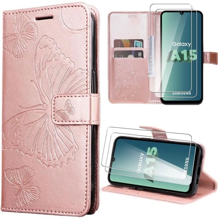 Coque de protection - BOOLING - pour Samsung Galaxy A15 - Rose - Motif Papillon - Cuir PU avec porte-cartes