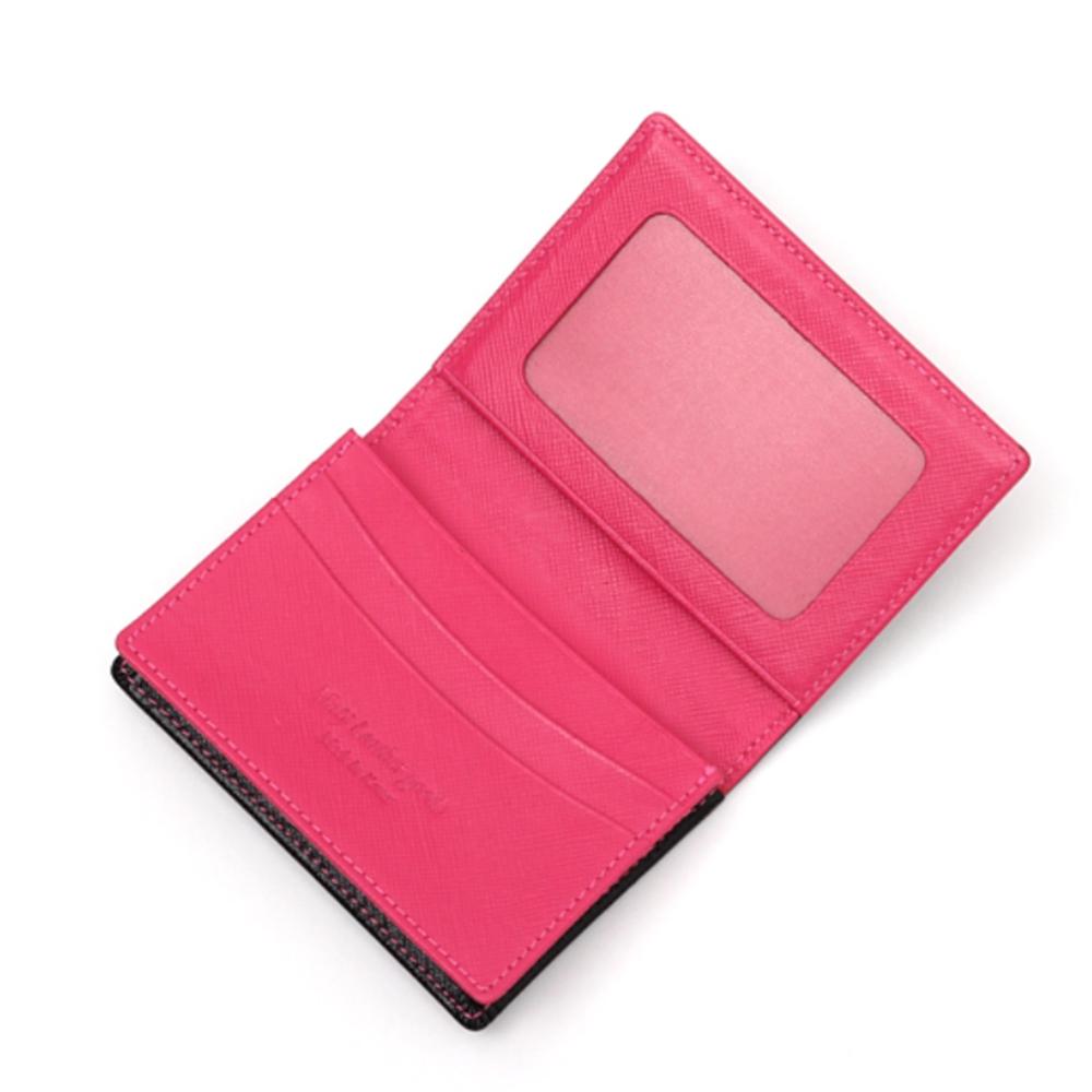 Matt [Line] Saffiano Cowhide Combination Business Card Holder Black Hot Pink