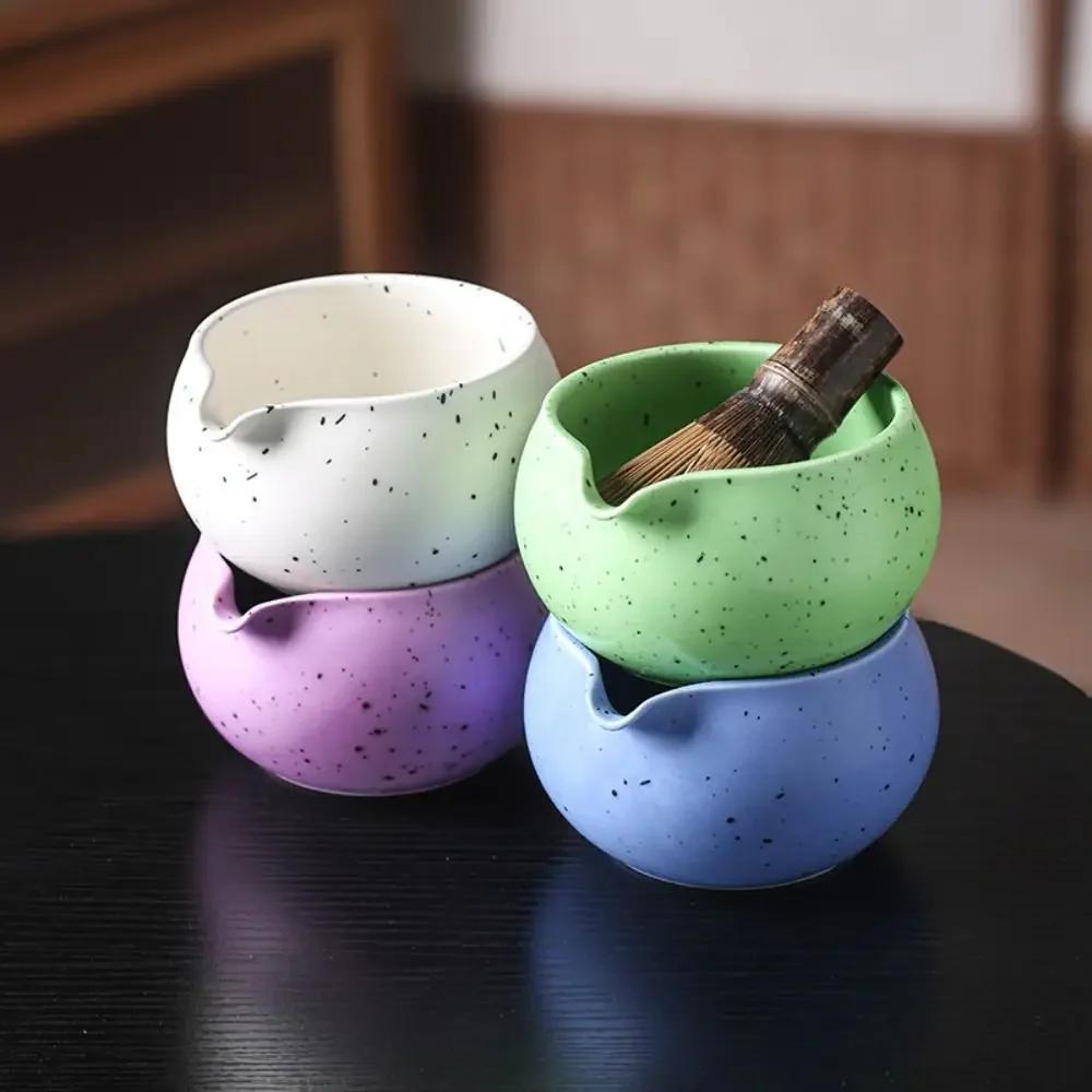 1-8 Ceramic Matcha Sand Dot Small Round Bowl With Pouring Spout Smooth Matcha Whisk Holder Reusable Matcha Making Kit Tea Lovers