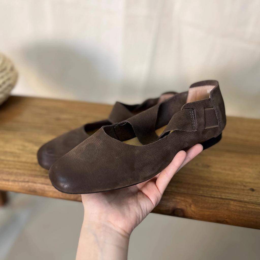 Cowhide Version Retro Niche Polished Round Head Flat-bottomed Ballet Shoes Women's Autumn New One-word Strap Mary Jane Single Shoes